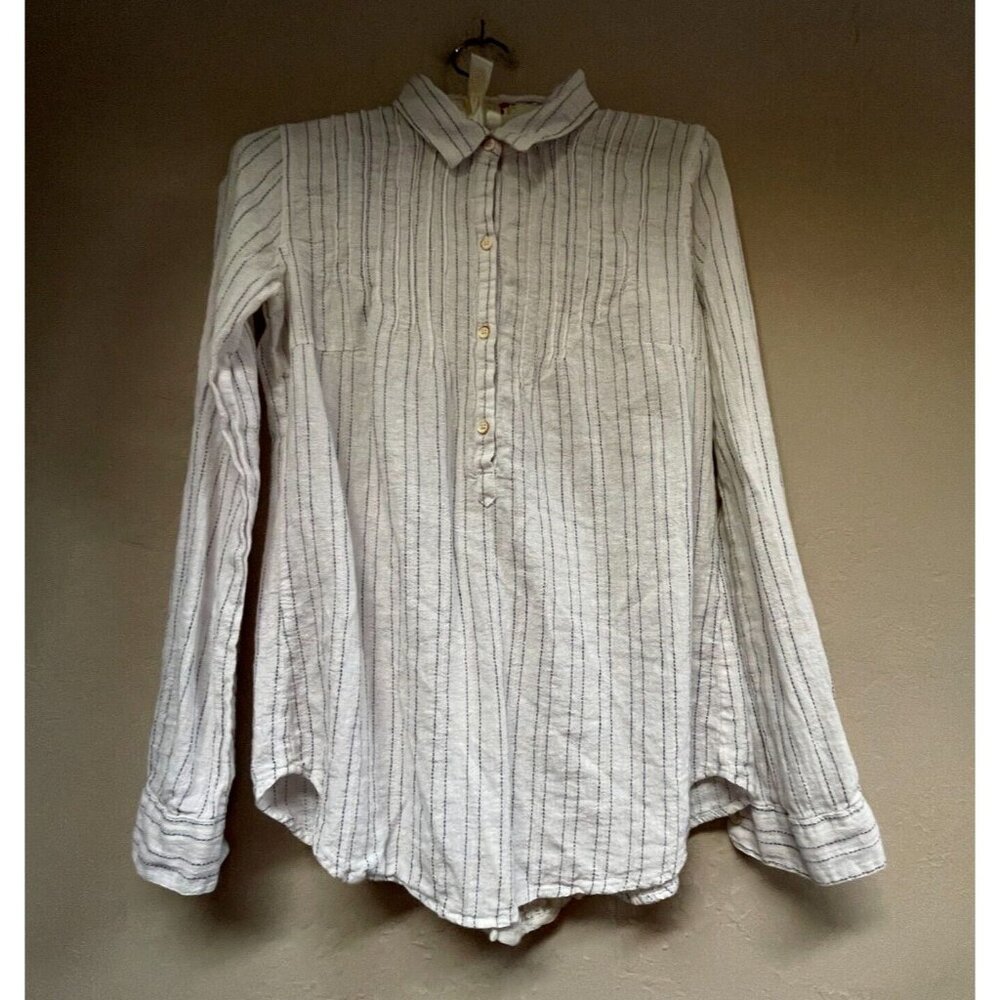 Isabelle Sinclair Womens Linen Blend Button Up Shirt Top XS White Striped Casual